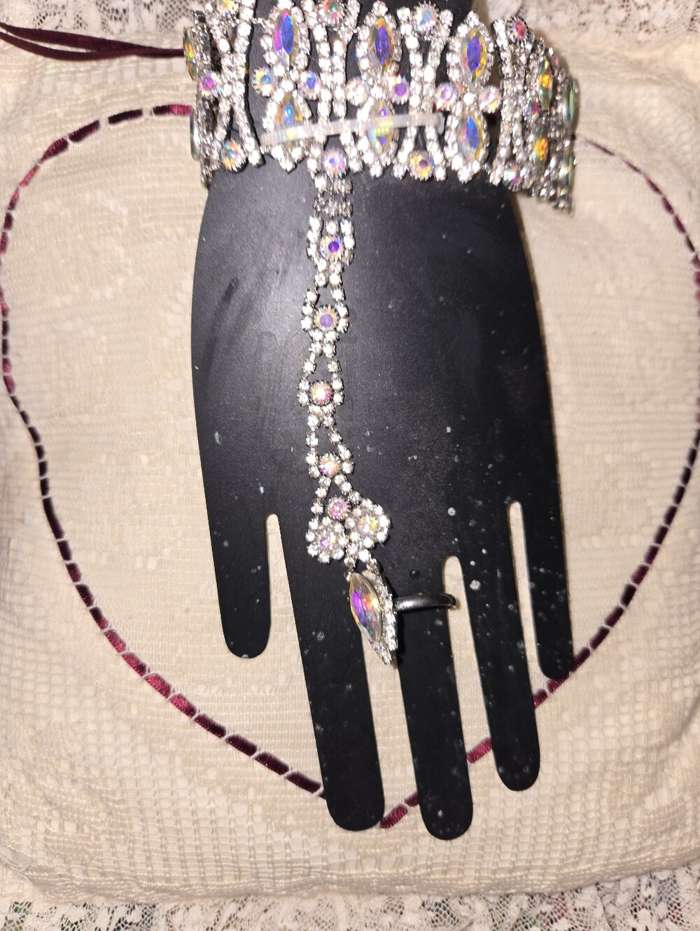 Crystal Rhinestone Bracelet Hand Chain - Iridescent Sparkle Ring Bracelet
